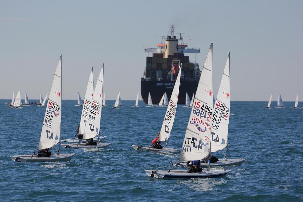 The blue laser 4.7 fleet trying to catch up on races lost over Friday and Saturday - Laser Europa Cup Koper 2017 © Jana Pines